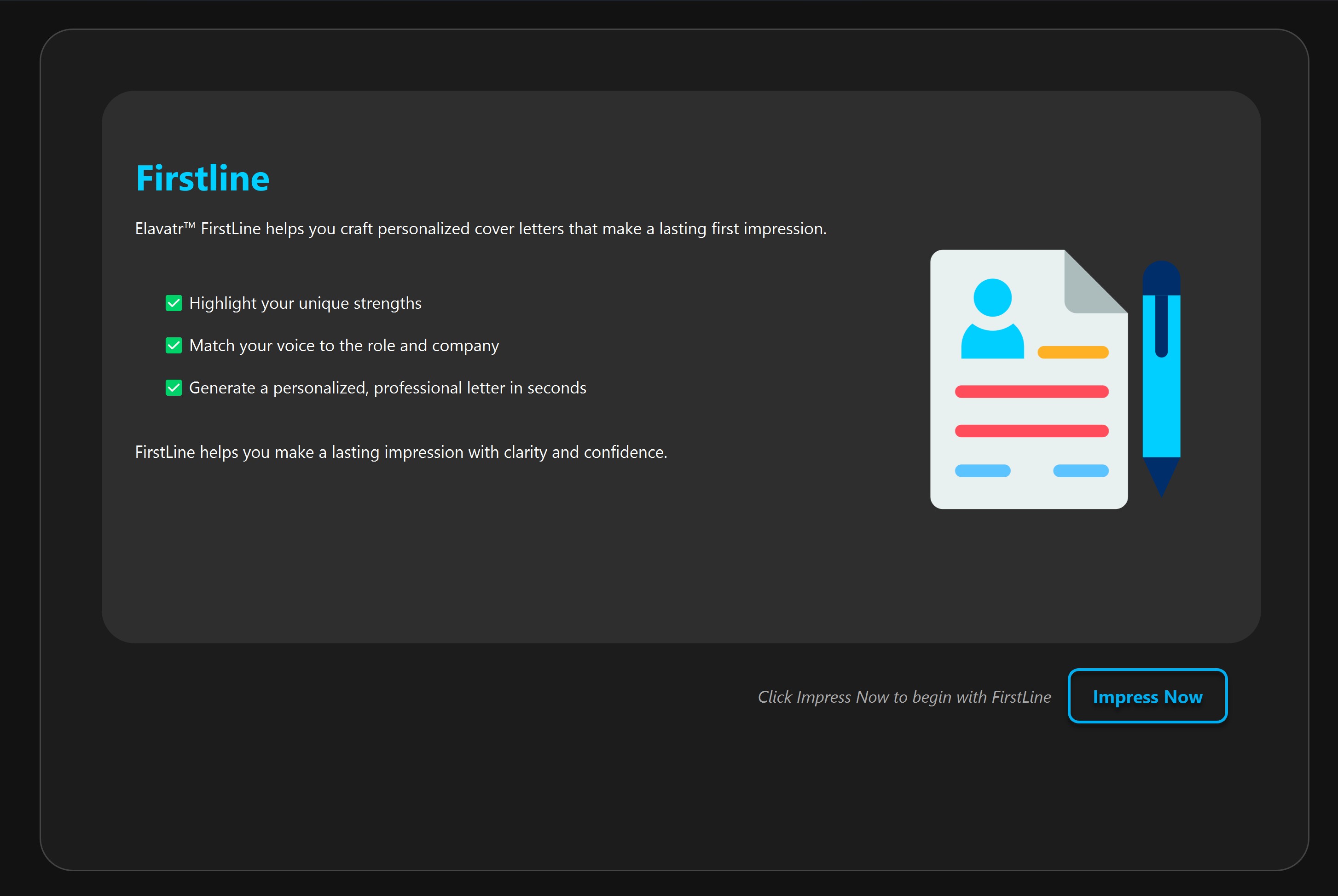 Firstline AI cover letter interface dark mode